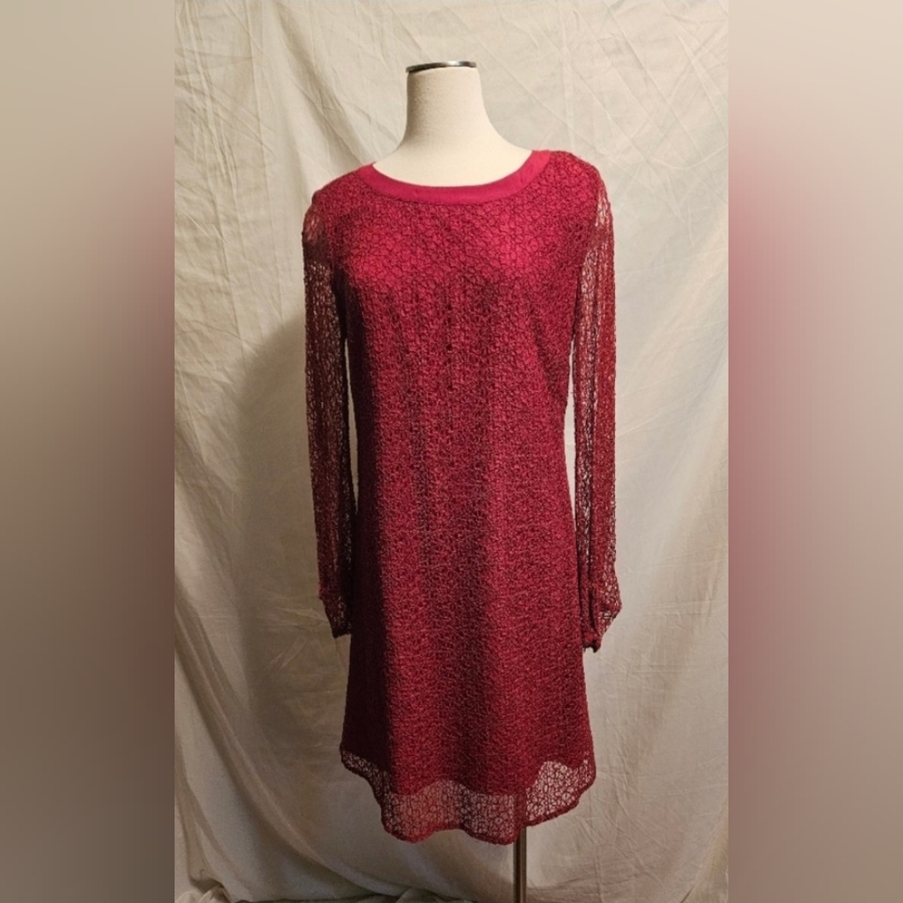 H. By Halston Red Lacy Dress, Size M, Long Sleeve, Round Neckline.